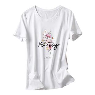 青春时尚印花短款上衣女薄款纯棉气质字母圆领短袖t恤女夏丝光棉