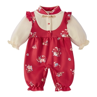 [抗菌a类]宝宝红色连体衣女童满月服1岁周岁服新生儿衣服婴儿冬装
