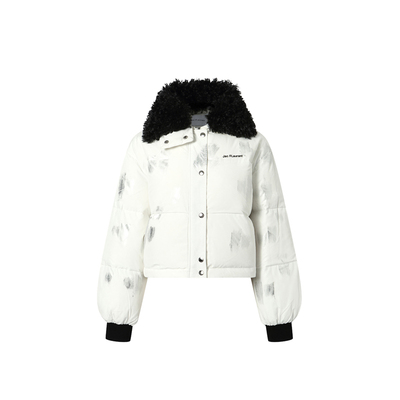 JAC FLEURANT2025秋冬新品黑色毛领拼接烫银短款女士羽绒服时尚