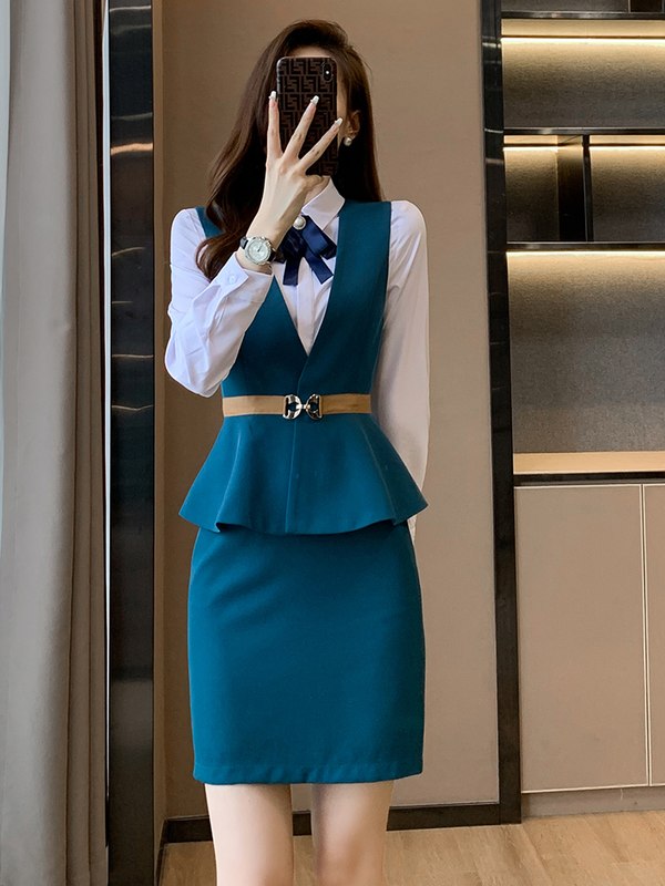 职业装时尚气质长袖马甲套装西装套装前台物业酒店美容院工作服女