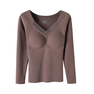 2025冬季石墨烯磨毛保暖内衣女带胸垫打底衫加绒加厚内穿长袖上衣