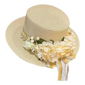 花朵草帽女夏天旅游度假拍照帽子百搭田园风太阳帽仿真花平顶礼帽