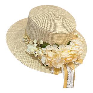 花朵草帽女夏天旅游度假拍照帽子百搭田园风太阳帽仿真花平顶礼帽