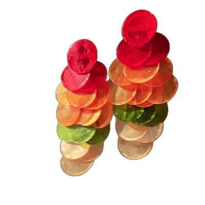 周芯竹同款彩色贝壳圆片流苏耳钉海边度假风耳环夸张独特个性耳饰