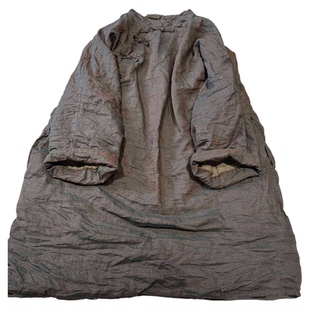 SN259砂洗亚麻偏襟盘扣宽松休闲中长款文艺复古新款棉衣长袍棉袍