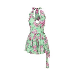 le palais vintage原创 热辣海岛度假风大花仿真丝包裹挂脖连衣裙