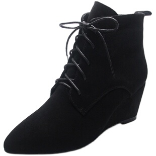 坡跟皮鞋2023年新款真皮秋冬磨砂短靴尖头羊皮鞋女靴内增高马丁靴