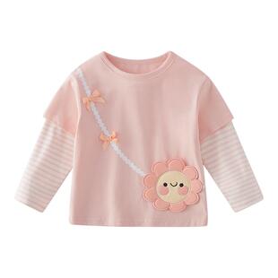 女童t恤长袖小童春季假两件衣服甜美宝宝春秋洋气童装潮3儿童上衣
