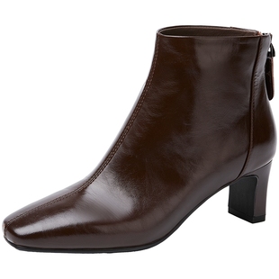 吴千语同款百田森羽绒高跟短靴鞋女2025巨好看靴子女款牛皮靴黑色