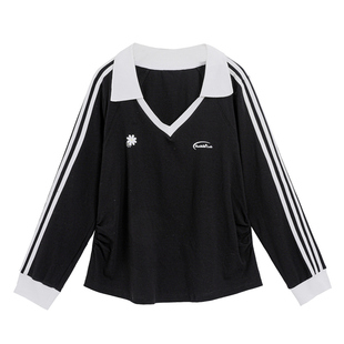 大码春装女款2026条纹v领正肩长袖T恤早春新款学院风美式显瘦上衣