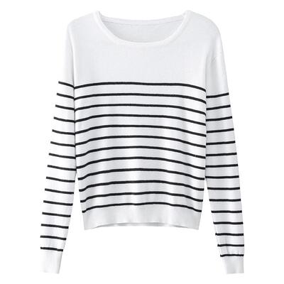 黑白条纹长袖针织衫女短款毛衣