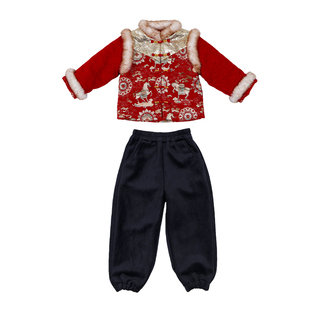 女童旗袍裙男童新中式套装2025年新款唐装儿童国风拜年服加棉加厚