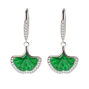 宫里上新翡翠耳环女款绿色宝石耳饰银杏叶纯银耳钉生日礼物送妈妈