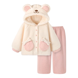 〖咕噜小熊〗珊瑚绒睡衣女款冬季柔软加厚粉色连帽小熊保暖家居服
