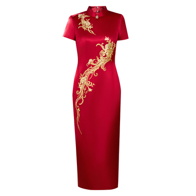 醋酸缎刺绣短袖喜婆婆改良旗袍裙