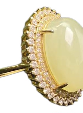 天然和田玉黄口镶S925女款戒指