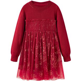 【公主系列】MINIPEACE太平鸟童装女童红色毛衣裙新年衣服网纱裙