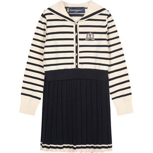 暇步士童装女童连衣裙25冬新品大童新年海军领针织裙儿童喜庆裙子