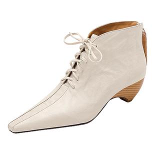 小众褶皱羊皮马丁靴女2025新款真皮短靴后拉链加绒坡跟系带及踝靴