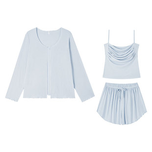 莫代尔睡衣女夏吊带短裤三件套夏季女士带胸垫家居服2026新款春秋