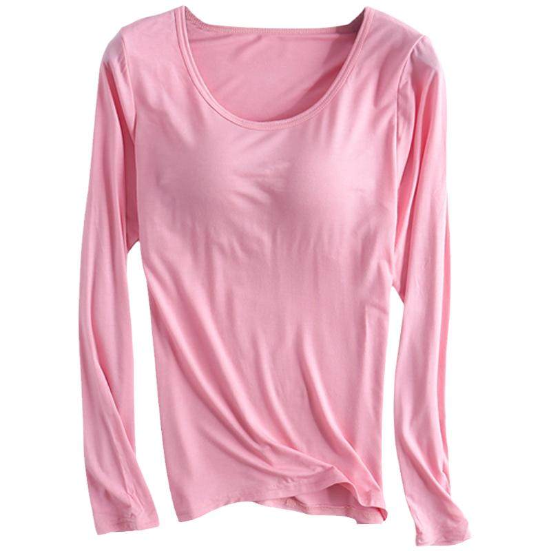 莫代尔棉带胸垫长袖T恤BRA-t文胸罩杯一体运动瑜伽内衣睡衣打底衫