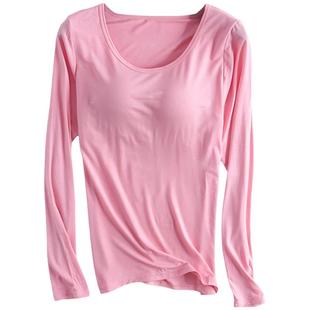 莫代尔棉带胸垫长袖T恤BRA-t文胸罩杯一体运动瑜伽内衣睡衣打底衫