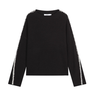 LILY2025冬新款女装羊毛混纺撞色立体线条套头圆领黑色针织衫毛衣