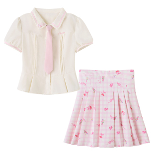 织物猪 美高甜心 甜美学院风JK制服衬衫套装女粉色印花格子半身裙