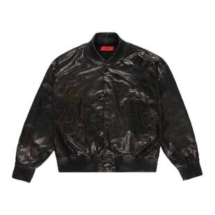 424 意大利产 整皮茶芯做旧刷胶设计高街时装宽松小羊皮皮衣外套