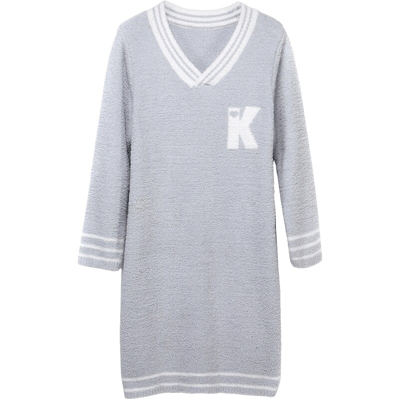 秋鹿【半边绒】长袖家居服软绵绵睡衣V领睡裙女春秋字母连衣裙