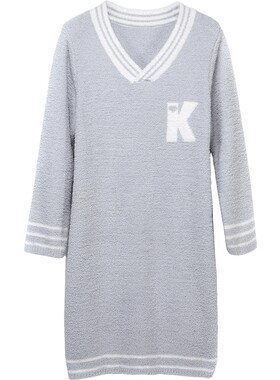 秋鹿【半边绒】长袖家居服软绵绵睡衣V领睡裙女春秋字母连衣裙