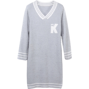 秋鹿【半边绒】长袖家居服软绵绵睡衣V领睡裙女春秋字母连衣裙