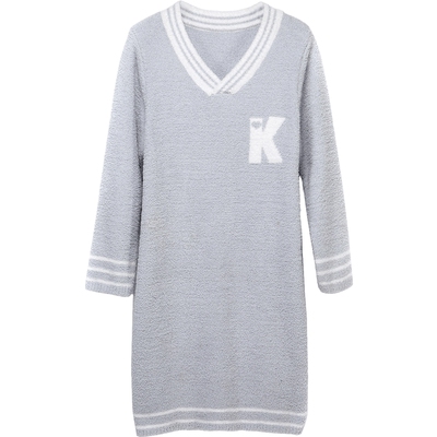 秋鹿【半边绒】长袖家居服软绵绵睡衣V领睡裙女春秋字母连衣裙