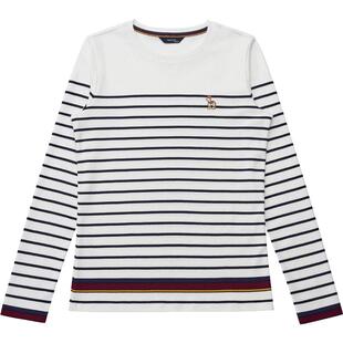 Hazzys哈吉斯新款女士条纹长袖T恤白色休闲宽松纯棉秋季上衣