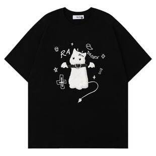 From Mars 满脸不开心 日系复古皮扣设计感卡通猫咪宽松bf短袖T恤