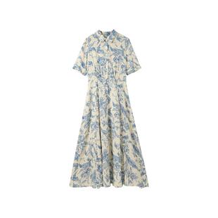 芝禾/CHESONSE【雾岛晚风】雅家 人丝印花连衣裙高腰衬衫裙03562