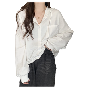 短款抽绳收腰连帽卫衣女薄款春装百搭宽松显瘦纽扣开衫上衣ins潮