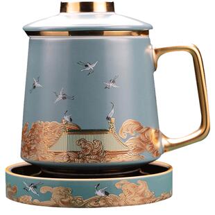 容山堂瑞鹤图陶瓷泡茶杯过滤内胆茶水分离绿茶杯保温办公故宫水杯