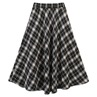 复古毛呢双插兜格纹大摆裙女2025秋冬新款a字伞裙高腰格子半身裙