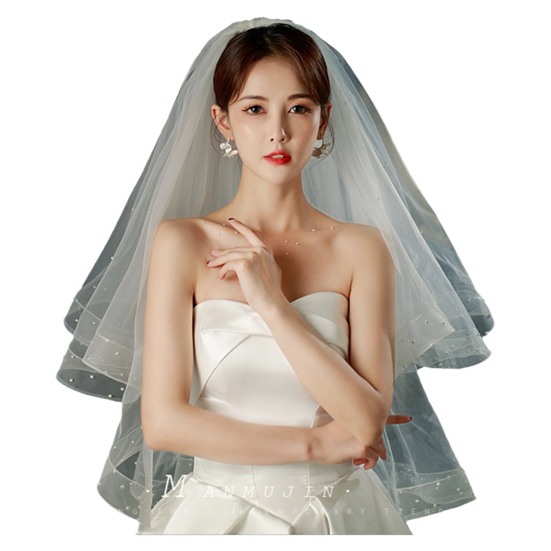 新娘结婚头纱珍珠双层短款蓬蓬纱