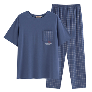 莫代尔棉男士短袖睡衣夏季加肥加大宽松大码套装套头格子裤家居服
