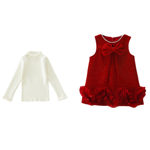 女童红背心裙加绒套装宝宝呢子两件套加厚小香风儿童时髦冬装新年