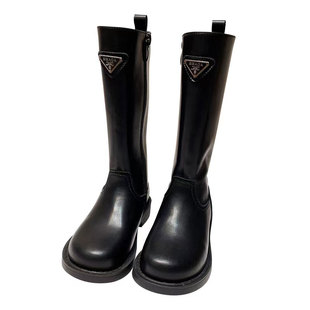 女童高筒靴时尚软底真皮百搭三角图案长靴中大童秋冬2025新款加绒