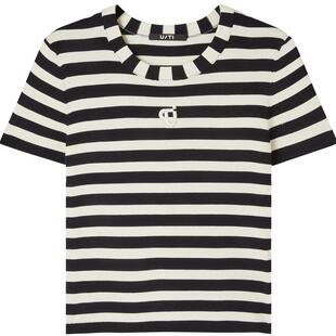 U/TI黑白条纹棉质针织衫T恤女 百搭正肩短款毛衫尤缇2025夏季新款
