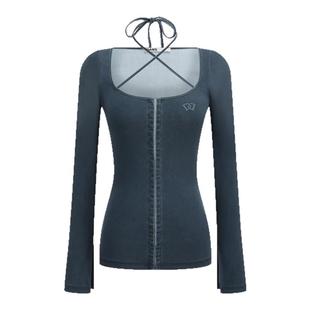 DANZ SENSITIVE®意大利运动速干面料钩扣绑带长袖牛仔蓝水洗上衣
