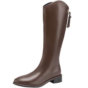 千百度棕色美拉德长靴冬季新款骑士靴女瘦瘦靴高筒靴复古显瘦