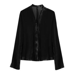 真丝丝绒衬衫女长袖春秋款桑蚕丝上衣宽松显瘦百搭纯色V领单排扣