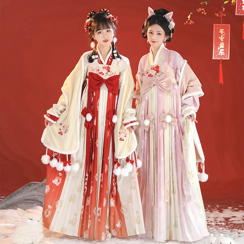 凤台曲(兔绒绒)冬款宋制汉服女对襟长袄交领百褶裙日常加绒套装
