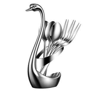 德国kunzhan创意304不锈钢水果叉套装水果签天鹅座底座餐具甜品叉