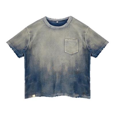 WIROTE威络 火焰蓝/灰油污泼漆旧化洗水 华夫格圆领宽松短袖T恤